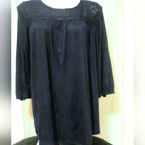 Suzanne Betro -  Dark Blue 3/4 Sleeve, Tunic Top W/ Eyelet Detail, Size Medium